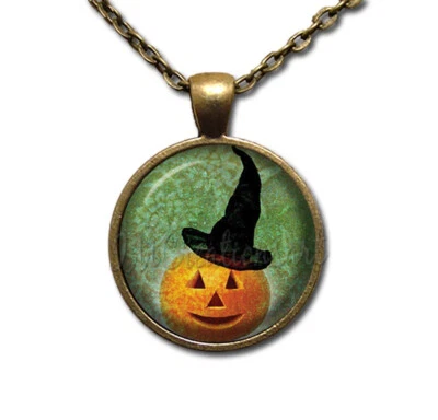 Wicked Wizard Pumpkin - Handmade ROUND Glass Pendant Necklace Antique Bronze
