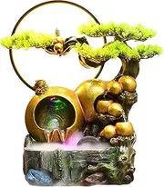 Tabletop Water Fountain Tabletop Water Fountain Resin Relaxation Meditation Fountain Desktop Fountain with Golden Gourd and Artificial Bonsai Design, Indoor Waterfall Feature for Home Office Decor Off