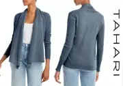 $349 NWT Tahari 100% 2 Ply Cashmere Drape Open Front Cardigan Heather Blue L