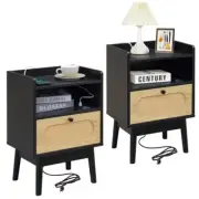 Lomojo Rattan Nightstand Set of 2, Bedside Table with Charging Station, Black2