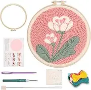 Punch Needle Embroidery Starter Kits for Kids and Adults Beginners, Include Instructions, Punch Needle Fabric with Floral Pattern,Punch Needle Tool with pre-Print Fabric，Hoops, Yarns（Flower）