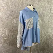 Light Blue Leopard Print Button Front High Low Hem Top Blouse Size M Western