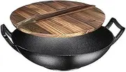 Bruntmor, Pre-Seasoned Cast Iron Wok, Black, 14-inch w/Large Loop Handles & Flat Base with Wooden Lid