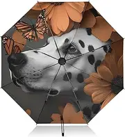 [PDZRMY] Dalmatian Flower Butterfly UV Protection Travel Umbrella Compact for Rain and Sun - Auto Open and Close UPF 50+ Windproof Portable 46” Sun Umbrella for Women and Men