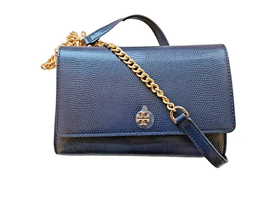 Tory Burch Emerson Embossed Lizard Chain Wallet In Tory Navy NWT