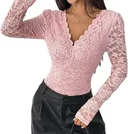 [XKBHYD] Women's Body Sexy Tops V-Neck Long Sleeve Bodysuit Elegant Embroidered Lace Backless Tops Slim Outfit Summer Party Prom Long Sleeve Shirt Overalls