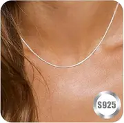 [FUNEIA] 925 Sterling Silver Necklace for Women Girls Trendy Dainty Real Silver Chain Necklace Simple Thin Box Chain Beaded Chain Snake Chain Herringbone Necklaces Jewelry 14/16/18 Inch