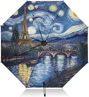 [RPLIFE] Paris Starry Night Painting Compact Umbrella, Lightweight Portable Auto Open Close for Women, Travel Umbrellas for Rain, Wind and Sun