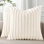 [Pallene] Faux Fur Plush Throw Pillow Covers 18x18 Set of 2, Luxury Soft Fluffy Striped Decorative Pillow Covers for Sofa, Couch, Living Room, Cream White