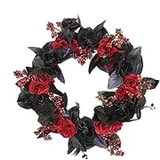 Halloween Door Wreath, Artificial Black Red Wreath with Leaves, Spooky Halloween Parties Supplies, Halloween Door Sign, Creepy Wall Decor for Porch, Outdoor