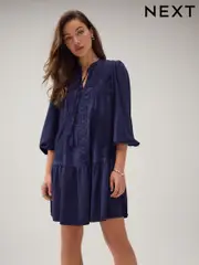 Navy Blue Embroidered Tie Front Tiered Mini Dress (F13535) | $103