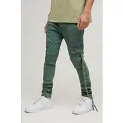 Mens Super Skinny Stretch Cargo Strap Green Wash Jeans