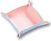 VOMANA Leather Valet Tray, Small Jewelry Catchall Tray, Desktop Storage Organizer, Portable Vanity Tray for Candy Jewelry Wallet Rings Headphone Watch (cyan + light pink)