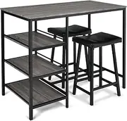 Giantex 3Pcs Bar Table Set, Counter Height Dining Table Set w/ 2 Upholstered Stools & 3 Open Storage Shelves, Kitchen Bar Table and Stools Set for Small Space Apartment Dining Room Home