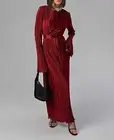 Womens Lady Round -Neck High Waist Belt Evening Dress Pleated Long Sleeve Dress