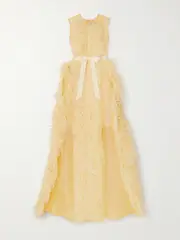 [Huishan Zhang] Huishan Zhang - Beau Feather And Grosgrain-trimmed Silk-organza Gown - Yellow - UK 8 UK 8 Yellow