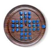 22cm Diameter WOODEN SOLITAIRE BOARD GAME with BRILLIANT BLUE SWIRL GLASS MARBLE