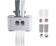 Toothbrush Holder Wall Mount, Bathroom Multifunctional Toothbrush and Toothpaste Dispenser with 5 Toothbrush Slots, 2 Toothpaste Squeezers and 4 Cups (Grey