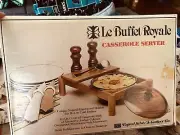 NEW Vintage Le Buffet Wood Casserole server Trivet Stand Brown Glass Baking Dish