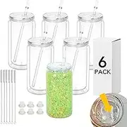 SUBCUB 6 Pack Plastic Snowglobe Tumbler 16oz Pre-Drilled Double Wall Acrylic Clear Cup, Snow Globe Can Cups DIY with Lid and Straw, Mason Jars Iced Coffee Juice Juice Cups