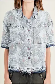 True Religion Women's Boxy Step Hem Floral Chambray Button Up ShirtTop