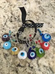 8 FUN EVIL EYE ROUND Wine Glass Charm Rings Set Of 8 GREAT stocking stuffers