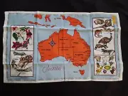 NEW VTG LINEN AUSTRALIA MAP TEA TOWEL BIRDS ANIMALS FLOWERS EMU DRAGON PLATYPUS