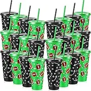 Chuangdi 24 Pcs 24oz Football Plastic Cups with Lid and Straw Football Party Favors Plastic Football Tumblers Reusable Football Drinking Cups for Football Themed Birthday Sport Party Decoration