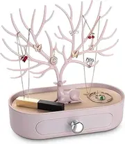 penobon Antler Jewelry Tree Stand Organizer with Drawer, Tree Display Stand Tower for Earrings, Necklaces, Bracelets and Rings, Plastics,Silver Plated Handle (Pink)