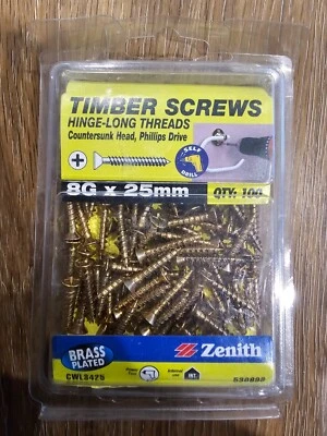 Zenith 8g x 25mm Brass Plated Hinge-Long Thread Countersunk Head Screw 100 Pack