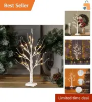 Festive 2FT LED Lighted Birch Tree with Adjustable Branches for Home or Office