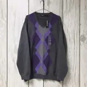Claiborne Men Charcoal Argyle Diamond V-Neck Tight Knit Sweatshirt Sweater L