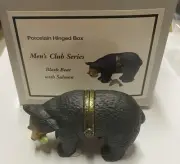 Porcelain Hinged Box Black Bear with salmon Fish Trinket Midwest, PHB New in Box