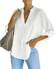 [TcIFE] Women's Roll-Sleeve V-Neck Top - 100% Polyester Soft Silky Stretchy Shirt with 3/4 Sleeve Option, Flattering Pleated Back & Curved Hem