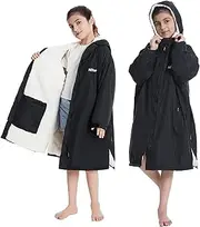 Hiturbo Kids Waterproof Changing Robe: Windproof Warm Swim Robe Oversized Surf Coat with Thick Fleece Lining, Black, One Size