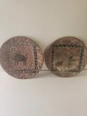 TWO Made in Kenya Brown Soapstone Hand Carved Plates Dishes Fish Tribal Design