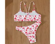 2Pcs/Set Split Bikini Multicolor Print Sling Two-piece Printed Wireless Swimwear for Vacation-Red