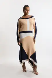 Plus Size Viscose Blend Knit Asymmetric Colour Block Dress