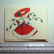 1 VTG Unused Norcross Xmas Greeting Card Lady in Red Holding Garland of Bells