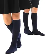 [Hugh Ugoli] Knee High Cotton Socks for Girls Boys and Toddlers, Solid Color Long School Uniform Socks 3-14 Years Old, 4 Pairs, Navy Blue (Regular), 12-14 Years