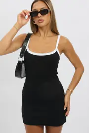 Black Mini Dress Sleeveless Contrast Rib - Size 16XL, Women's Dress