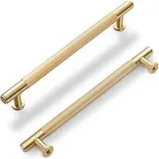 SALISENG- Solid Brass Kitchen Cabinet Pulls, 5 Pack Brushed Gold Drawer Handles, 7-7/10 Inches,Modern Furniture Hardware Door Handles for Closet Cupboard Wardrobe(ARINA)