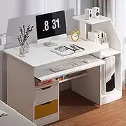 Modern Wood Computer Desk Wide Desktop 2 Drawers 3 Shelves White Executive Desk Perfect for Work, Student, Writing, Small Desk for Students