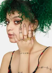 Gold Sacred Serpent Snake & Gem Heart Ring Set