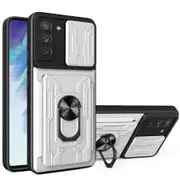 case For Samsung S21 Slide Camera Lens Protection and Built in 360 Rotatable Ring Holder - White