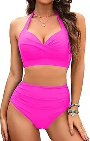 [Tempt Me] Women Two Piece Vintage Swimsuit Retro Halter Ruched High Waist Bikini with Bottom