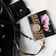 Luxury Fashion Print Leather Phone Case for Samsung Galaxy Z Fold 6 5 4 3 2 5g Crossbody Long Strap Bracket Cover(for Samsung Z Fold 3/Leopard)