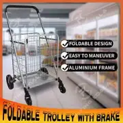 Foldable Shopping Cart Trolley Collapsible Laundry Basket With Brake