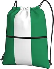 EdWal Flag Of Nigeria Print Drawstring Backpack Gym Bags Sports Bags With Zipper Pocket For Travel Swimming Beach, Black, One Size