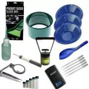 Gold Panning Kit Set 12" 10" 8" Blue Gold Pans Mini Pocket Sluice Box & More